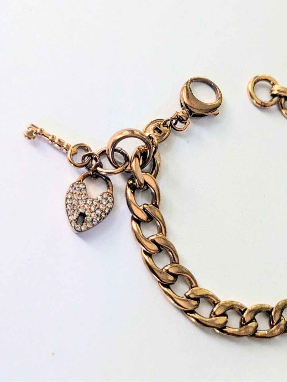 FOSSIL Rose Gold Tone  Pave Crystal Heart & Key Lock Starter Charm Bracelet